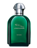 Jaguar For Men fragrance bottle in translucent emerald green glass with a polished silver cap, shown on a plain white background.