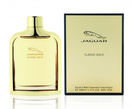 Jaguar Classic Gold Eau de Toilette spray bottle in gold with a matching gold and black outer box, displayed on a clean white background with a subtle reflection.