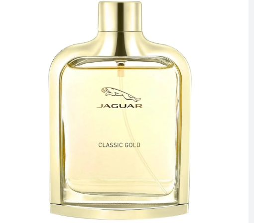 A bottle of Jaguar Classic Gold fragrance with a metallic gold cap and a clear glass body showing the pale gold liquid inside. The Jaguar logo and name are printed on the front, along with the text 'CLASSIC GOLD'.