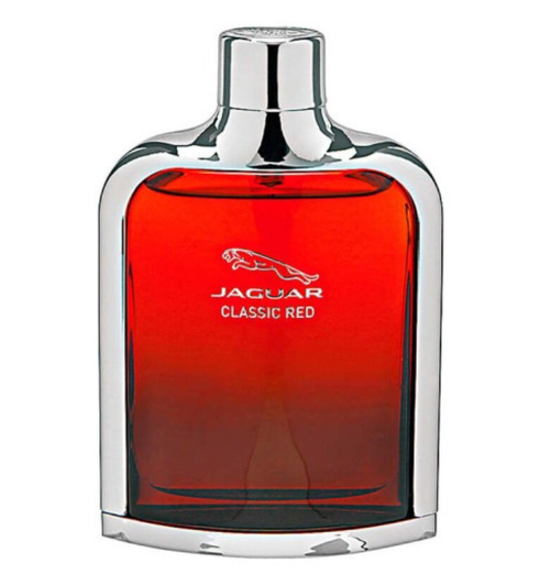 A bottle of Jaguar Classic Red fragrance with a red gradient glass body and a polished silver chrome cap and frame, shown on a plain white background.