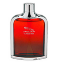 A bottle of Jaguar Classic Red fragrance with a red gradient glass body and a polished silver chrome cap and frame, shown on a plain white background.