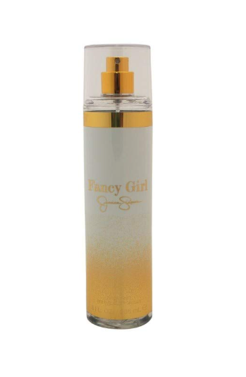 Fancy Girl perfume bottle with a clear cap, gold spray nozzle, and a frosted white-to-gold gradient bottle on a white background.
