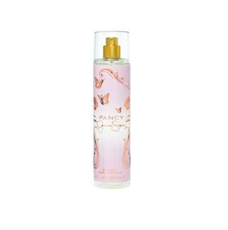 Fancy 5 by Estee Lauder Eau de Parfum spray bottle with a light pink body, gold spray nozzle, and butterfly illustrations, shown on a plain white background.