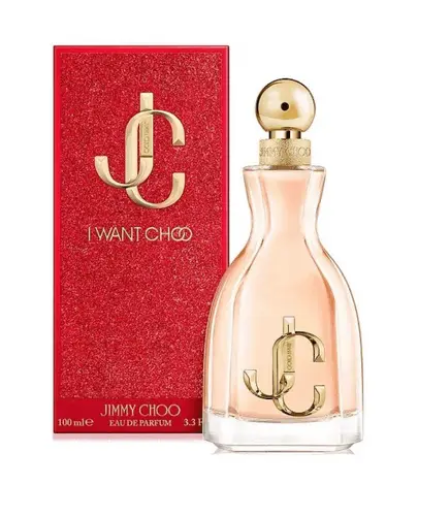 Jimmy Choo I Want Choo Eau de Parfum bottle with a gold cap next to its red glittery packaging box, on a white background.