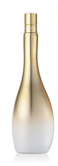 A sleek, modern cosmetic bottle with a metallic gold-to-white gradient finish, featuring a cylindrical gold cap, set against a plain white background.