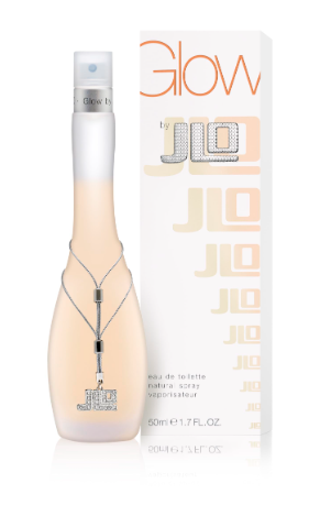 Glow by JLO Eau de Toilette perfume bottle and packaging box, featuring a pale peach gradient bottle with a silver necklace design and a white box with orange and silver lettering.