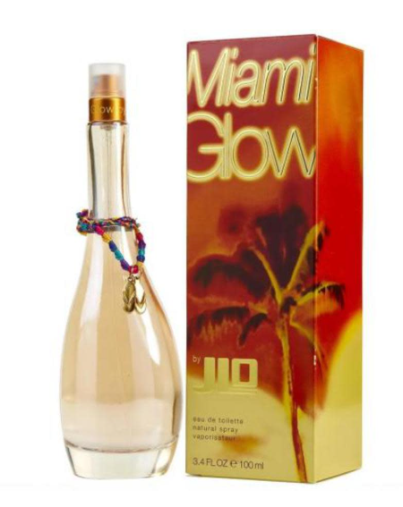 Miami Glow by JIO Eau de Toilette perfume bottle next to its retail box, featuring a tropical sunset and palm tree design with gold lettering.