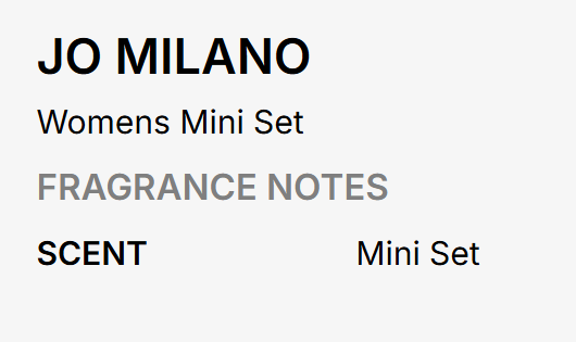 A text-based graphic on a light gray background reading 'JO MILANO' in bold black, followed by 'Womens Mini Set', 'FRAGRANCE NOTES', and 'SCENT Mini Set'.