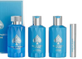 A Game of Thrones 'Full House' body care set featuring three blue bottles with silver caps and a matching blue box, alongside a slim silver tube, on a white background.