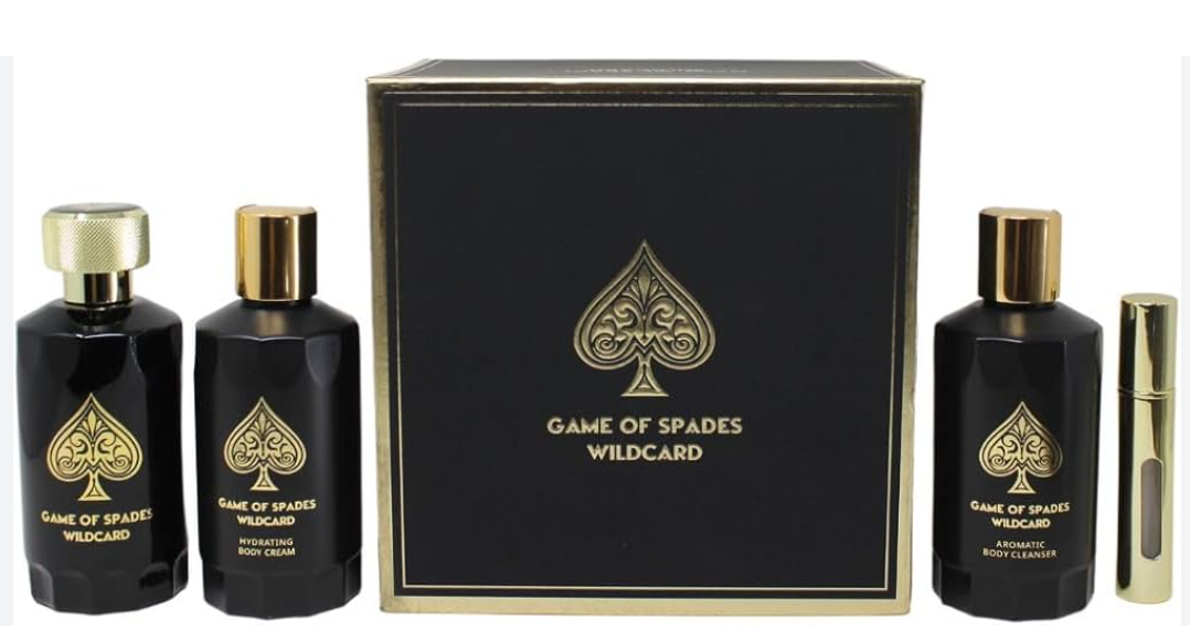 Game of Spades Wildcard fragrance set with two black body wash bottles, a matching black box with gold spade logo, and a small gold atomizer on a white background.