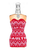 Jean Paul Gaultier perfume bottle styled as a strapless red and white knit sweater dress with the brand name 'JEAN PAUL GAULTIER' printed in white across the front, topped with a silver atomizer cap.