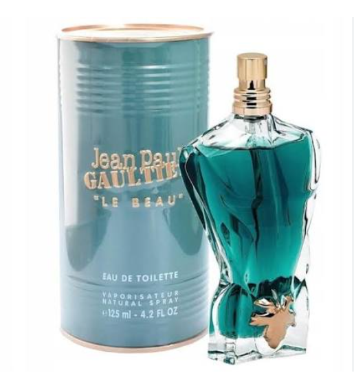 Jean Paul Gaultier Le Beau Eau de Toilette spray bottle and its signature teal cylindrical packaging canister on a white background.