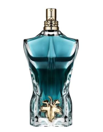 A sculptural torso-shaped perfume bottle filled with blue-green liquid, featuring a gold-tone cap and a gold emblem at the waist, shown on a plain white background.