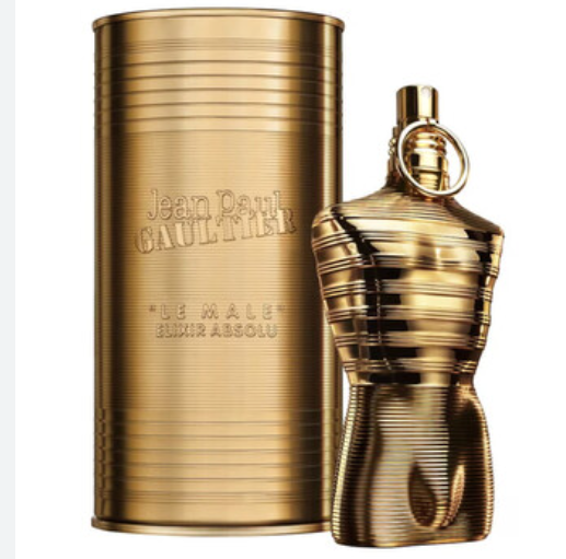 Jean Paul Gaultier Le Male Elixir Absolu fragrance shown with a metallic gold cylindrical box and a sculptural gold bottle shaped like a male torso, on a plain white background.