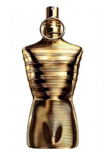 A metallic gold perfume bottle shaped like a stylized male torso with horizontal ridges and a ring detail at the neck, shown on a plain white background.