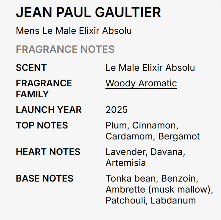 A text-based fragrance note card for Jean Paul Gaultier's 'Mens Le Male Elixir Absolu', detailing the scent as 'Woody Aromatic' with notes of plum, cinnamon, cardamom, bergamot, lavender, davana, artemisia, tonka bean, benzoin, ambrette, patchouli, and labdanum.