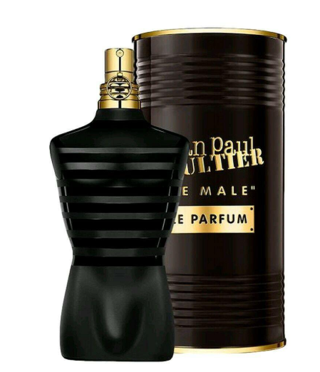 Jean Paul Gaultier Le Male Parfum bottle in black with gold accents, shown next to its matching black cylindrical packaging box with gold lettering on a white background.