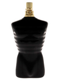 A black glossy bottle shaped like a torso with horizontal dark stripes, topped with a gold spray cap, shown on a plain white background.