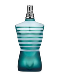 A designer perfume bottle shaped like a male torso, featuring horizontal teal and white stripes on the upper body and a dark teal gradient on the lower torso, topped with a silver atomizer spray nozzle.