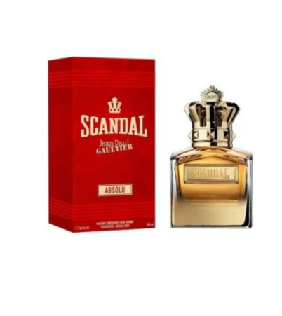 Jean Paul Gaultier Scandal Absolu perfume bottle with a gold cap next to its red packaging box on a white background.