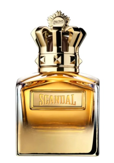 Scandal perfume bottle with a metallic gold crown cap and gold lettering on the front, filled with amber-colored liquid, shown on a plain white background.