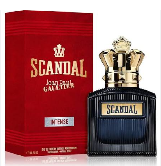 Jean Paul Gaultier Scandal Intense perfume bottle and packaging box. The bottle is dark navy blue with a ribbed texture, a gold label, and a gold crown cap.