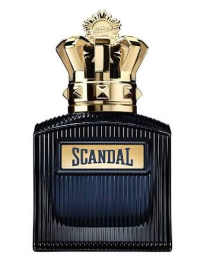 A bottle of Scandal perfume with a dark navy blue ribbed glass body, a gold label with the brand name, and an ornate gold crown cap on a white background.