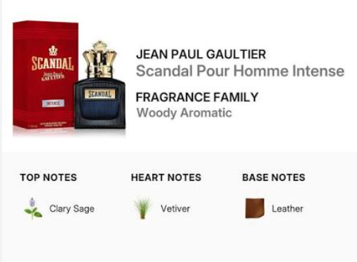 Jean Paul Gaultier Scandal Pour Homme Intense fragrance family graphic showing the red Scandal box, the dark blue perfume bottle with gold cap, and notes for top, heart, and base scents.