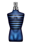 A blue perfume bottle shaped like a male torso, featuring horizontal black stripes across the chest, with a silver spray nozzle at the top, set against a plain white background.