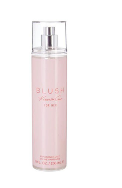 A bottle of Blush Kenneth Cole For Her perfume spray with a light pink body, clear cap, and silver pump, shown on a plain white background.