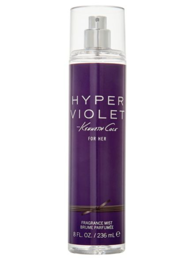 A bottle of Kenneth Cole Hyper Violet Fragrance Mist for her, featuring a deep purple label with white text and a clear spray cap, set against a plain white background.
