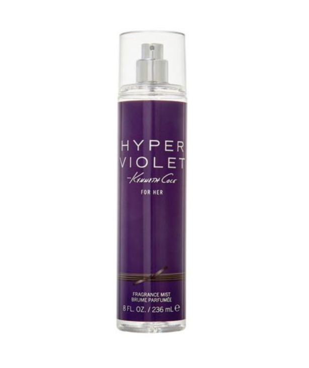 A bottle of Kenneth Cole Hyper Violet Fragrance Mist for her, featuring a deep purple label with white text and a clear spray cap, set against a plain white background.