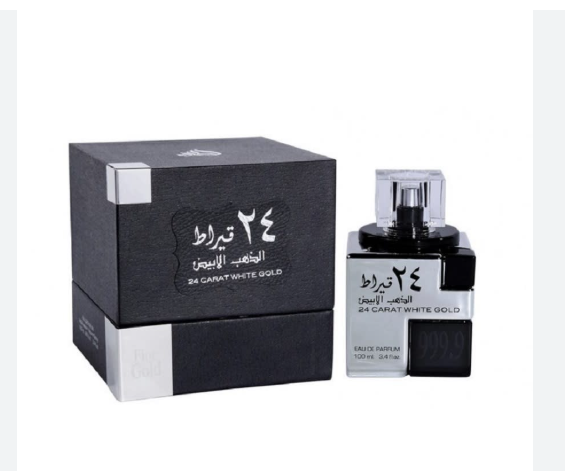Lattafa 24 Carat White Gold Eau de Parfum box and bottle 3.4oz 100ml on black background