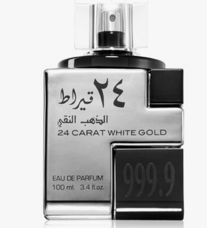 Lattafa 24 Carat White Gold Eau de Parfum spray bottle 3.4oz 100ml on white background