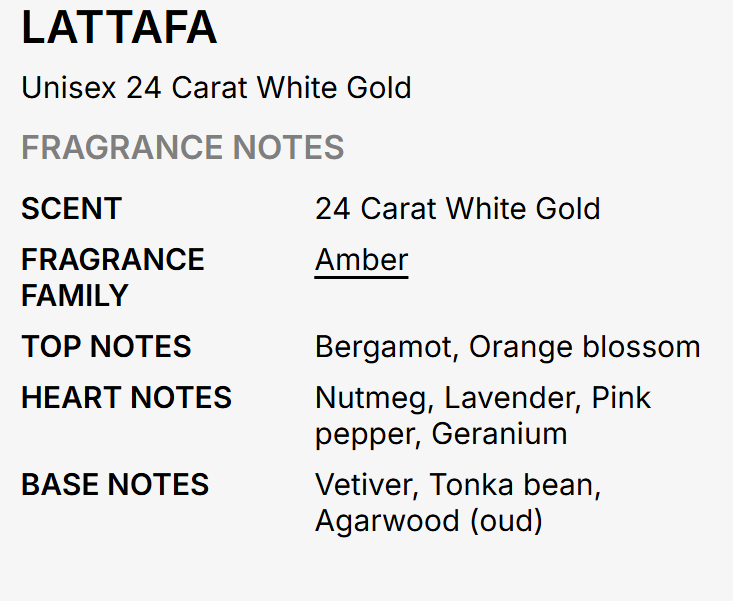 Lattafa 24 Carat White Gold Unisex EDP 100ml opulent floral woody musk fragrance with white rose jasmine iris sandalwood and amber