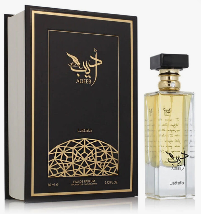 Lattafa Adeeb Women Eau de Parfum box and bottle 2.7oz 80ml on black background
