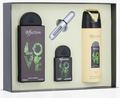 A boxed fragrance gift set on a light background. The set includes a tall dark brown perfume bottle labeled 'Affection LOVE', a smaller matching bottle, a silver atomizer, and a pale yellow perfume spray bottle with a black cap and gold accent, all arranged inside an open presentation box.