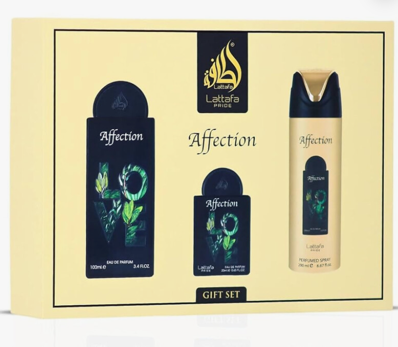 Lattafa Affection gift set containing a 100ml eau de parfum bottle, a 50ml perfume spray bottle, and a 90ml hand spray, all in navy and green packaging with a cream-colored box.