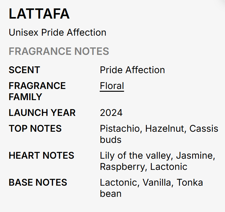 A text-based fragrance note card for LATTAFA's 'Unisex Pride Affection' on a light gray background. It lists the scent as 'Pride Affection', categorized under 'Floral' fragrance family, launched in 2024, with top notes of Pistachio, Hazelnut, and Cassis buds, heart notes including Lily of the valley, Jasmine, Raspberry, and Lactonic, and a base note of Tonka bean.