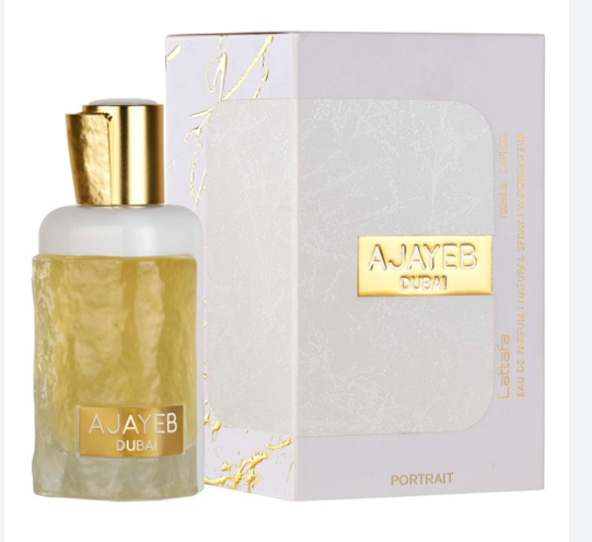 Lattafa Ajayb Dubai Portrait Unisex Eau de Parfum box and bottle 3.4oz 100ml on black background