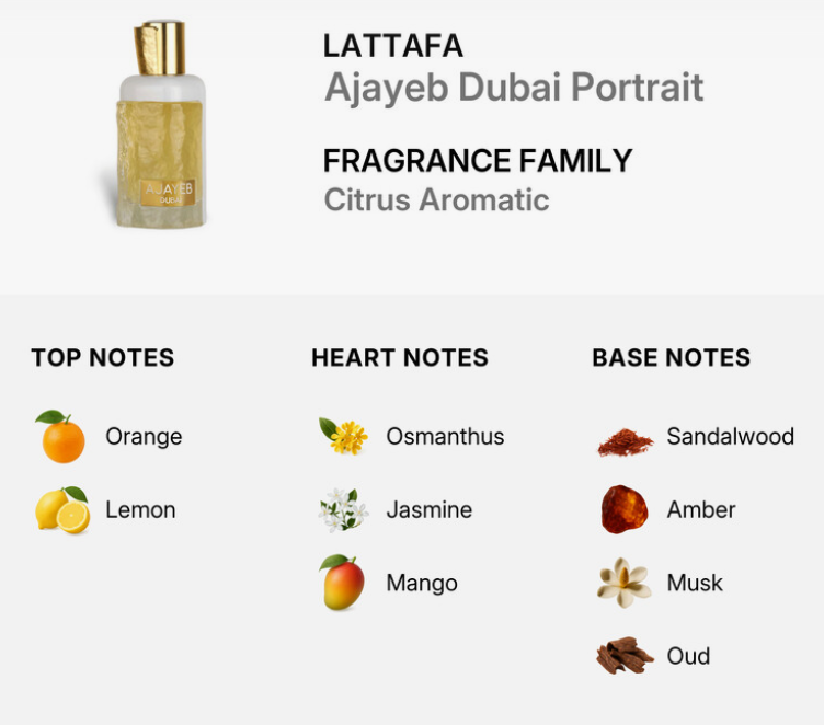 Lattafa Ajayb Dubai Portrait Unisex EDP 100ml modern woody oriental fragrance with citrus soft rose gentle amber oud and sandalwood