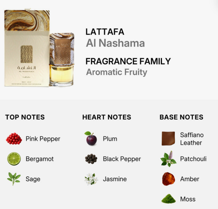 Lattafa Al Nashama Unisex EDP 100ml vibrant aromatic woody oriental fragrance with crisp citrus herbs soft florals sandalwood and amber