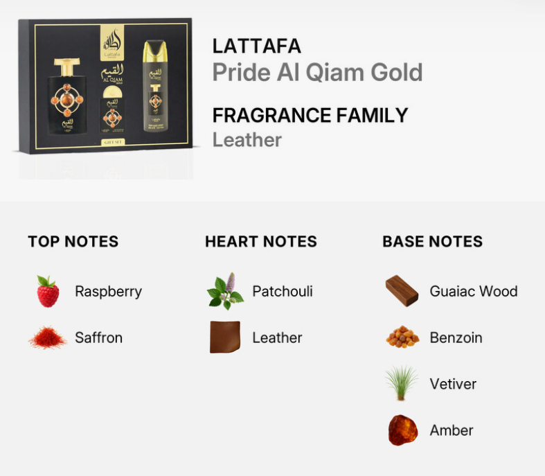 Product information graphic for Lattafa Pride Al Qiam Gold fragrance, showing the black and gold boxed set and a breakdown of top, heart, and base notes including raspberry, saffron, patchouli, leather, guiac wood, benzoin, vetiver, and amber.