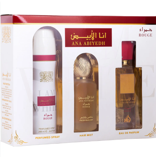 Ana Abiyeh 'Rouge' gift set containing a perfume spray, hair mist, and eau de parfum in a white box with red and gold accents.