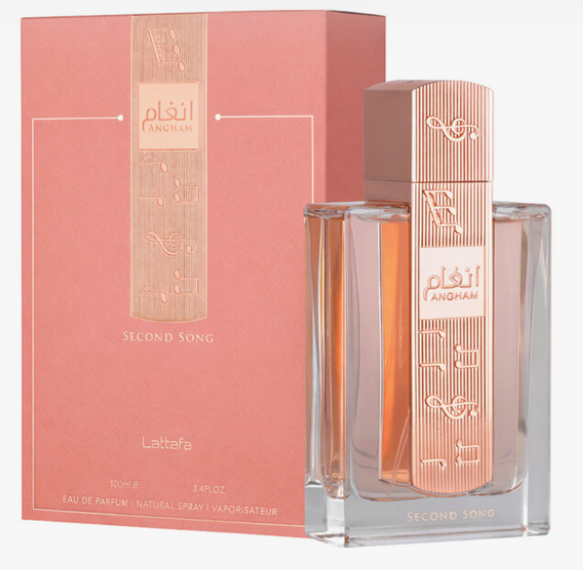 Lattafa Angham Second Song Women Eau de Parfum box and bottle 3.4oz 100ml on black background
