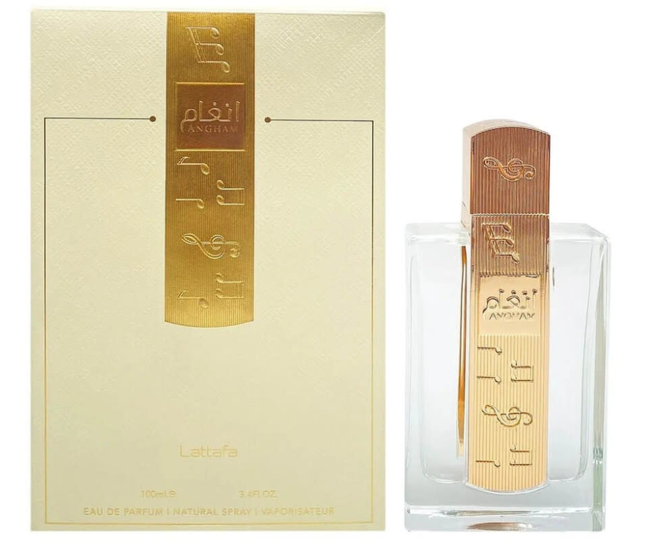 Lattafa Angham Women Eau de Parfum box and bottle 3.4oz 100ml on white background