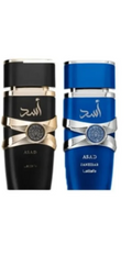 Two perfume bottles from the brand Asad, labeled 'ASAD ZARAHBAR LAFAN', shown side by side against a plain white background. The bottle on the left is black with gold accents, and the bottle on the right is blue with silver accents.
