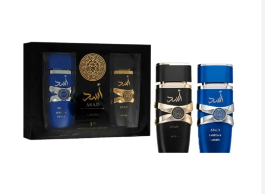 A men's fragrance gift set from ASAD, featuring a black presentation box containing two blue and black bottles, alongside two matching bottles displayed outside the box on a plain white background.
