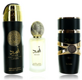 Three ASAD Laftafa fragrance products on a white background: a tall black perfume spray bottle with gold cap and gold logo, a small frosted bottle with pale yellow liquid and textured gold cap, and a black cylindrical container with gold trim and a circular emblem.