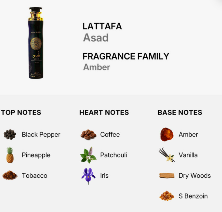 Lattafa Asad Men Air Freshener 300ml bold oriental woody room fragrance with deep amber leather dark musk and vetiver